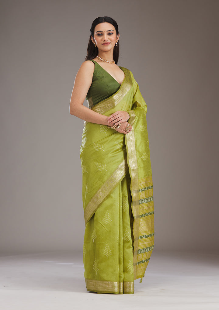 Parrot Green Zariwork Tissue Saree