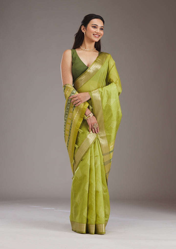 Parrot Green Zariwork Tissue Saree