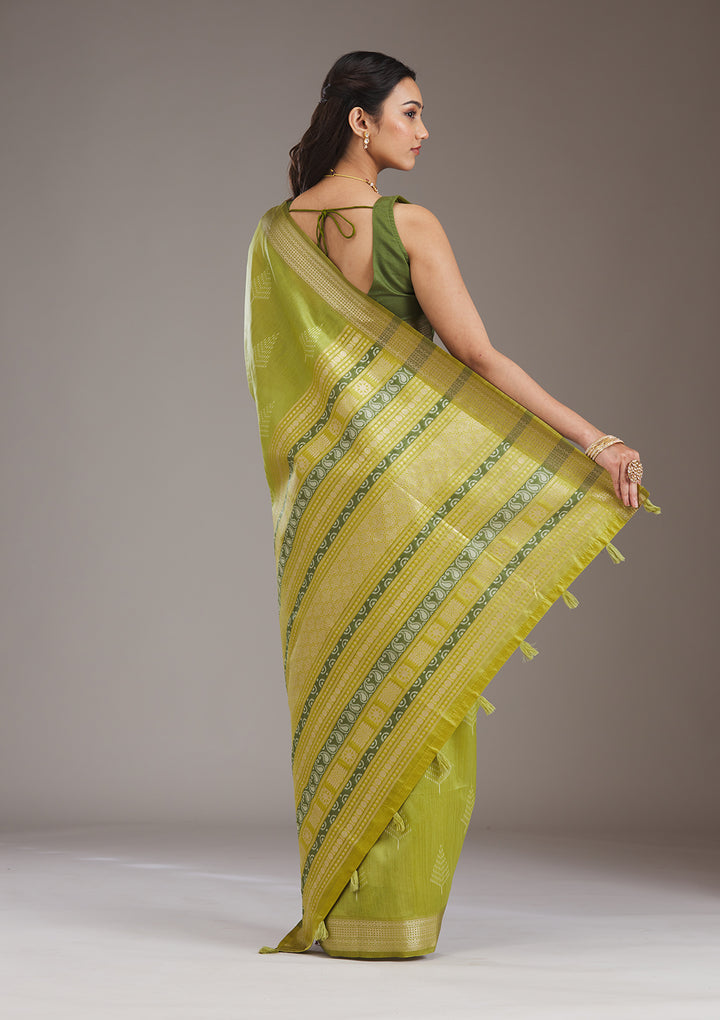Parrot Green Zariwork Tissue Saree