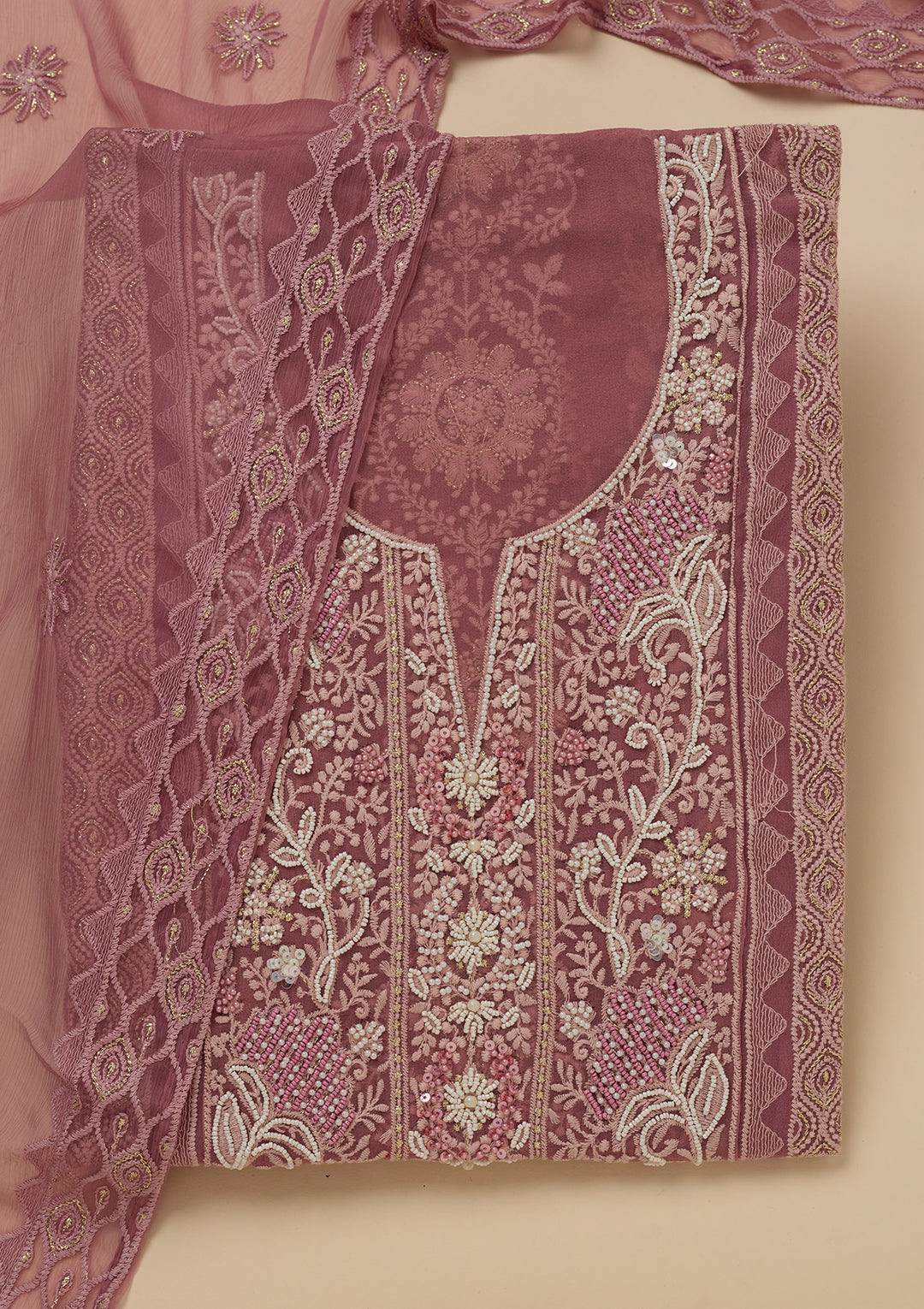 Onion Pink Chikankari Georgette Unstitched Salwar Suit