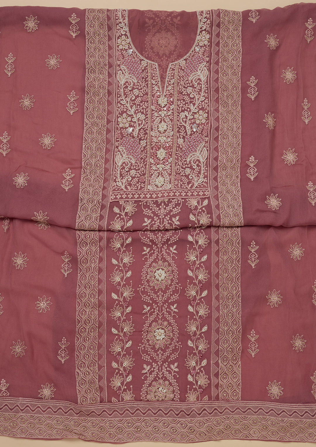 Onion Pink Chikankari Georgette Unstitched Salwar Suit