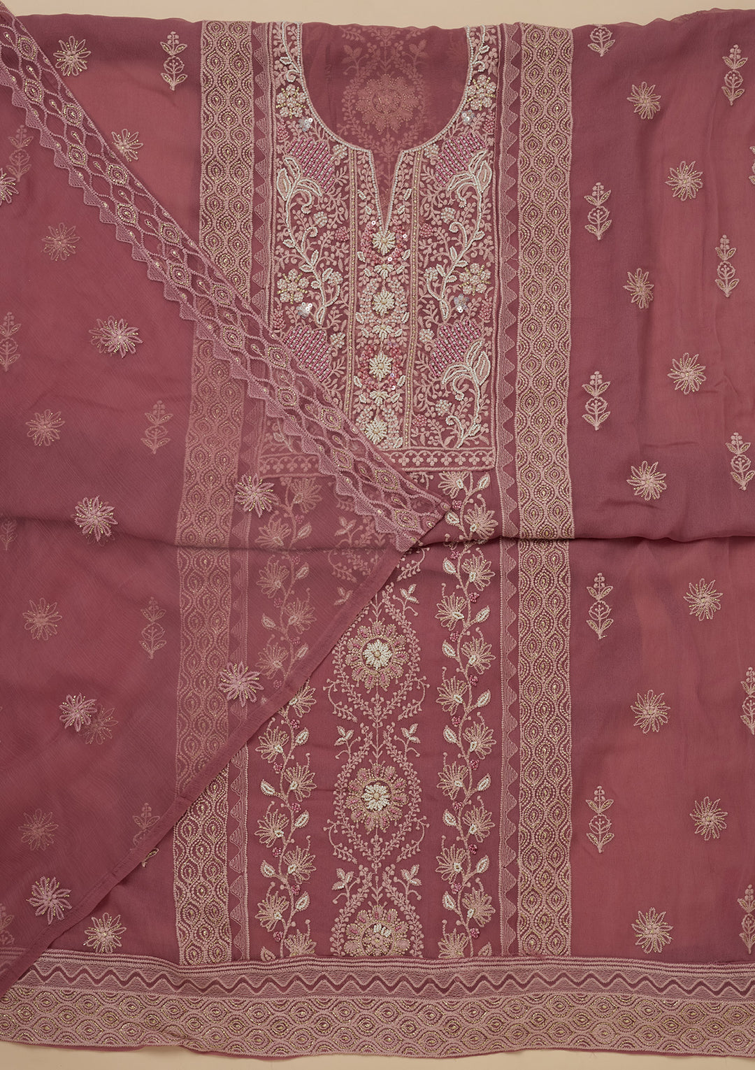 Onion Pink Chikankari Georgette Unstitched Salwar Suit