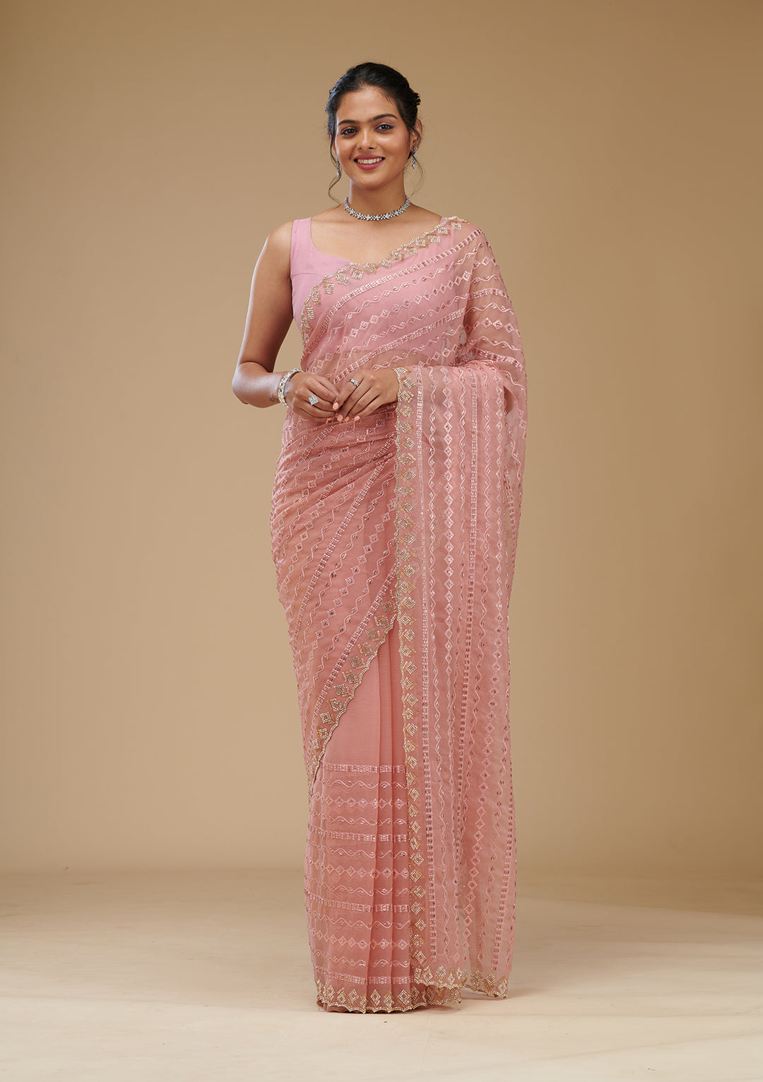 Peach Cutdana Chiffon Saree