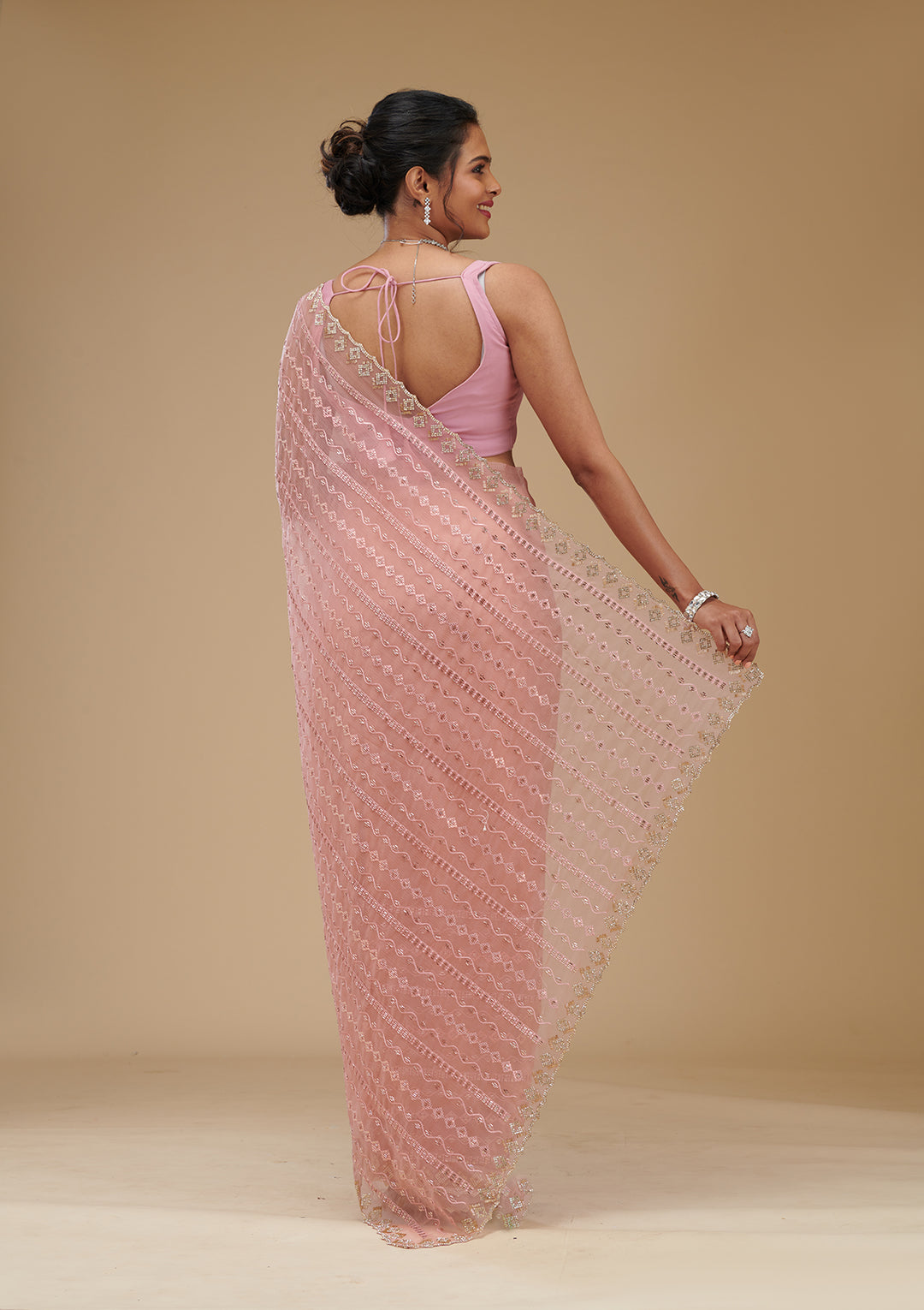 Peach Cutdana Chiffon Saree