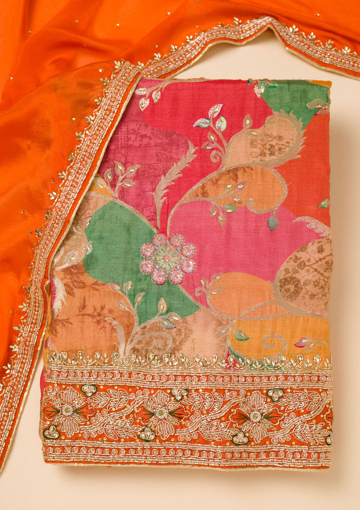 Orange Cutdana Crepe Unstitched Salwar Suit