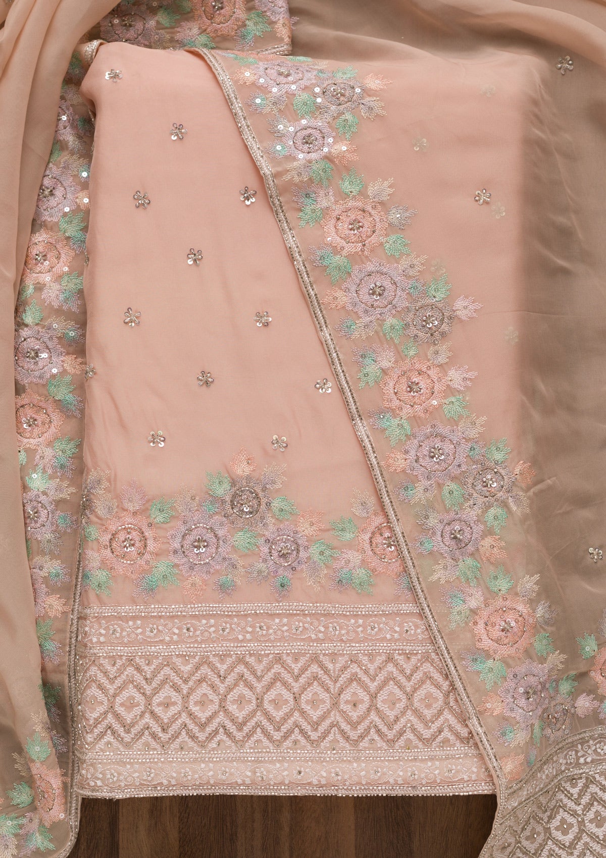 Peach Cutdana Tissue Unstitched Salwar Suit