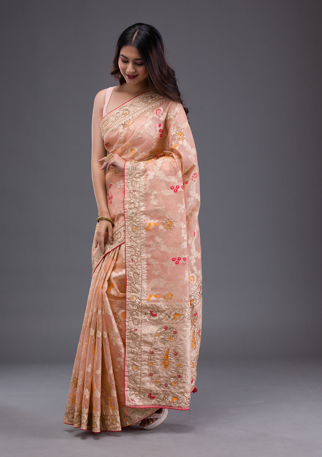 Peach Cutdana Tissue Saree