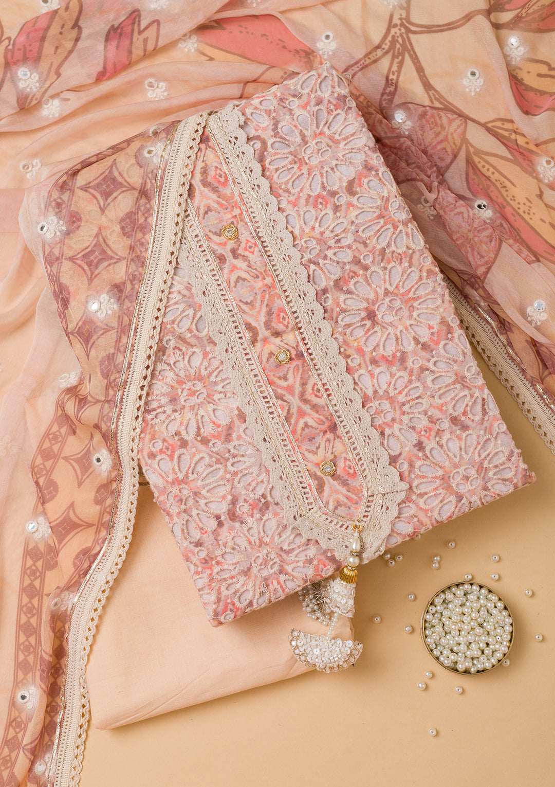 Peach Cutwork Cotton Unstitched Salwar Suit