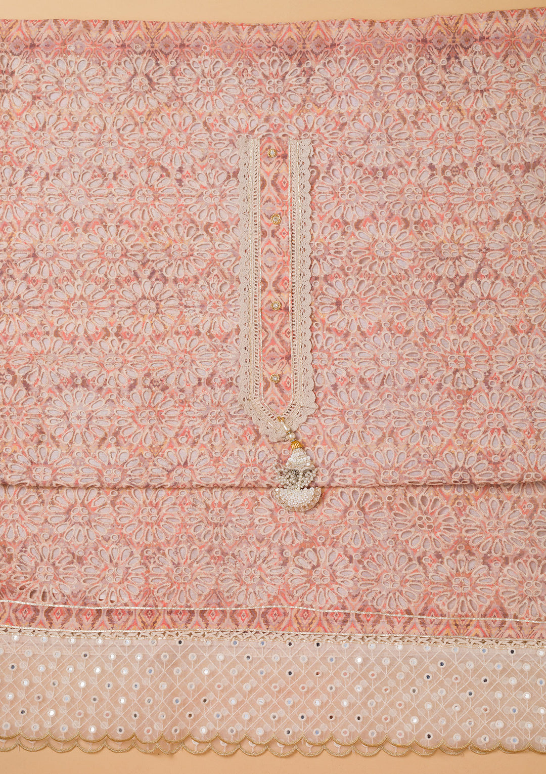 Peach Cutwork Cotton Unstitched Salwar Suit