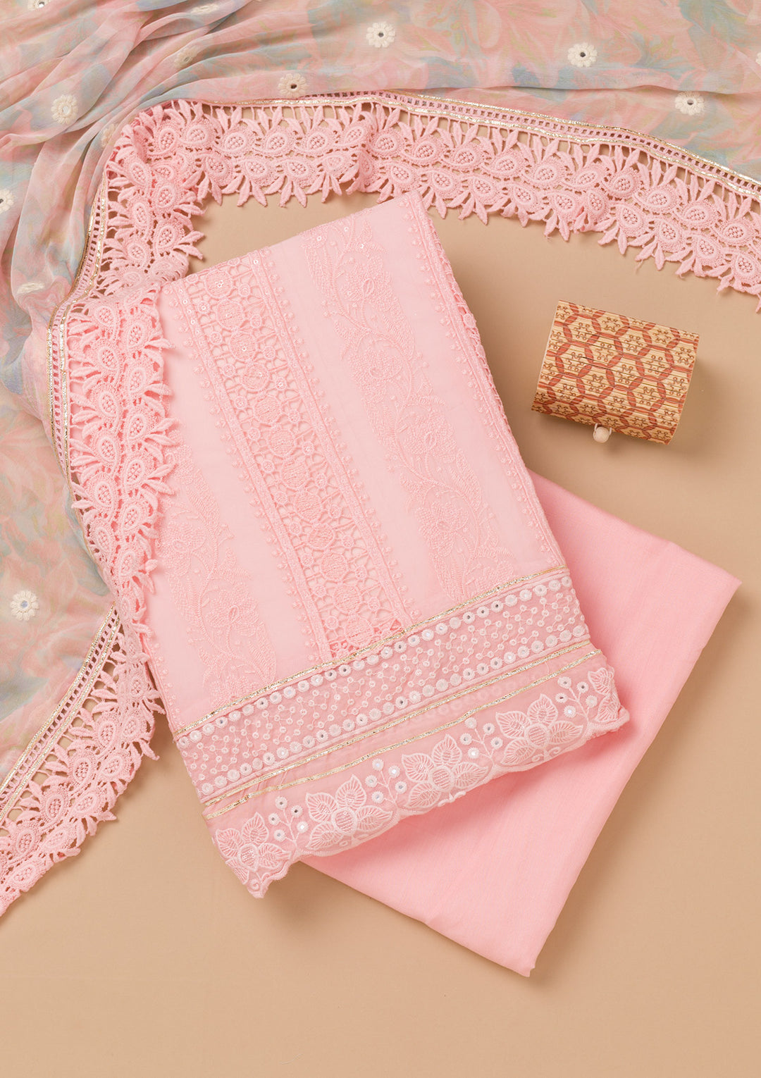 Peach Cutwork Georgette Unstitched Salwar Suit