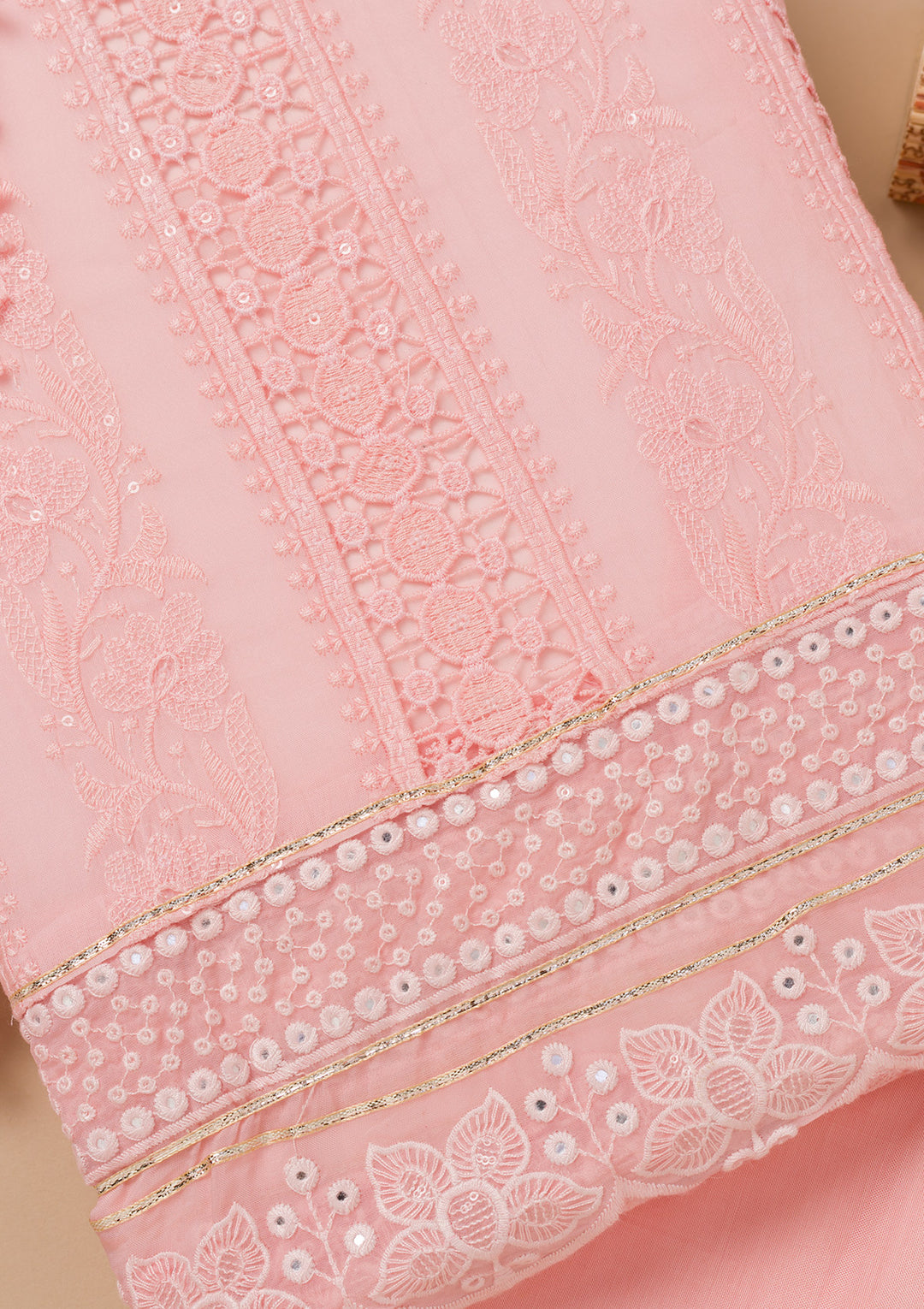 Peach Cutwork Georgette Unstitched Salwar Suit