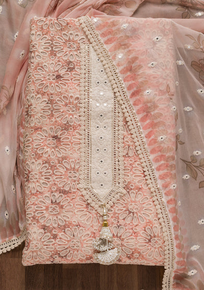 Peach Cutwork Chickenkari Cotton Unstitched Salwar Suit