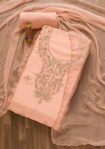 Peach Gotapatti Organza Unstitched Salwar Suit-Koskii