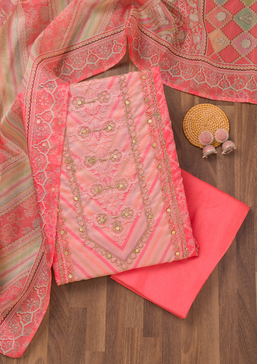 Peach Printed Chanderi Unstitched Salwar Suit