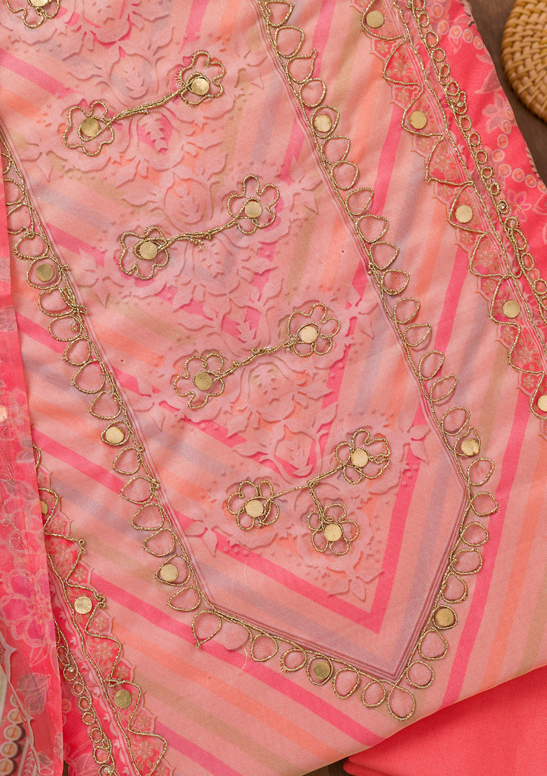 Peach Printed Chanderi Unstitched Salwar Suit