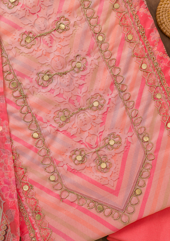 Peach Printed Chanderi Unstitched Salwar Suit