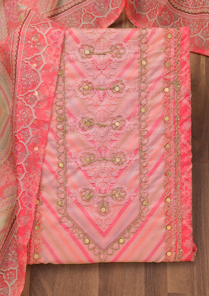 Peach Printed Chanderi Unstitched Salwar Suit