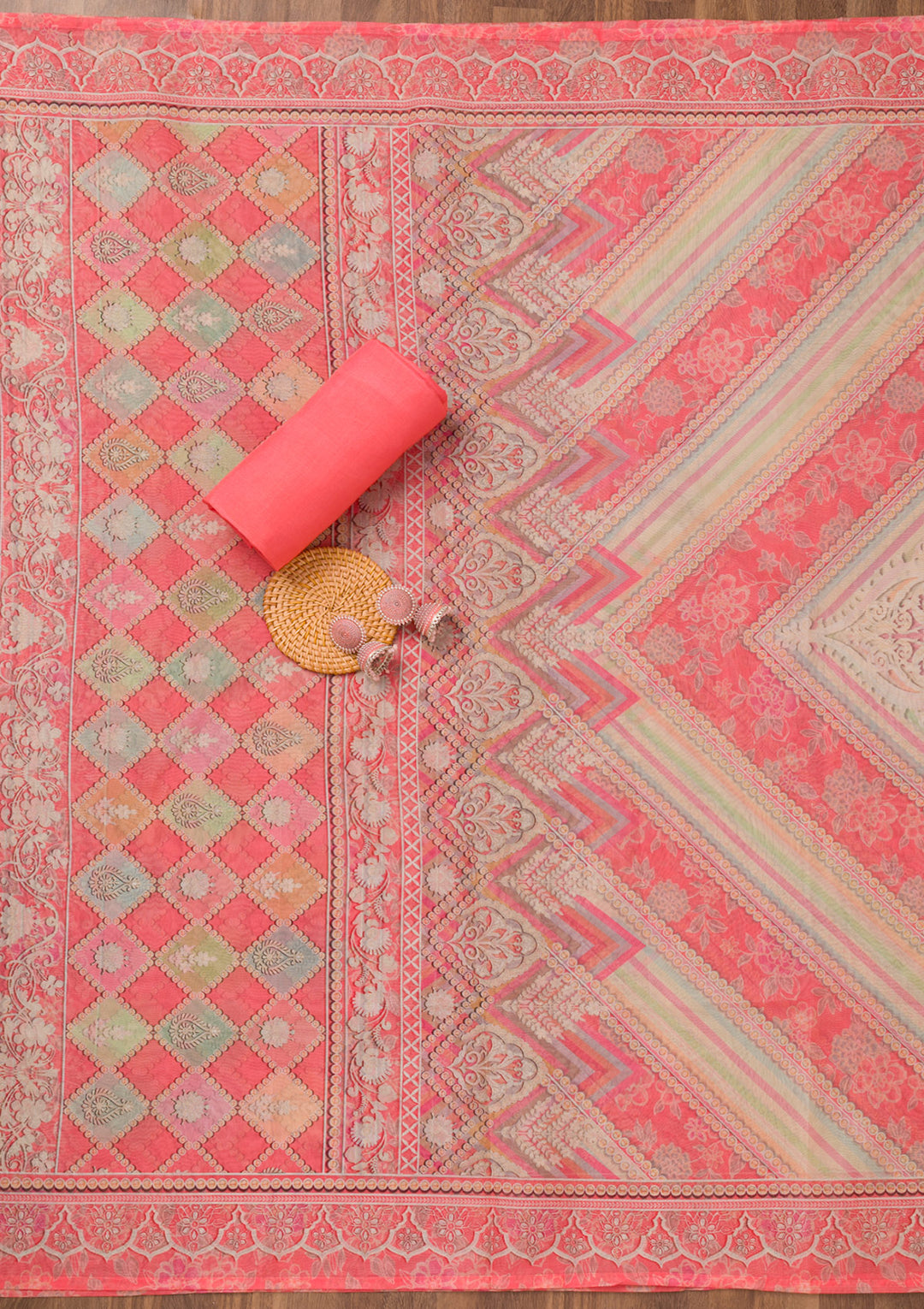 Peach Printed Chanderi Unstitched Salwar Suit