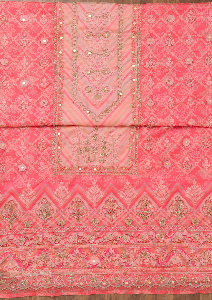 Peach Printed Chanderi Unstitched Salwar Suit