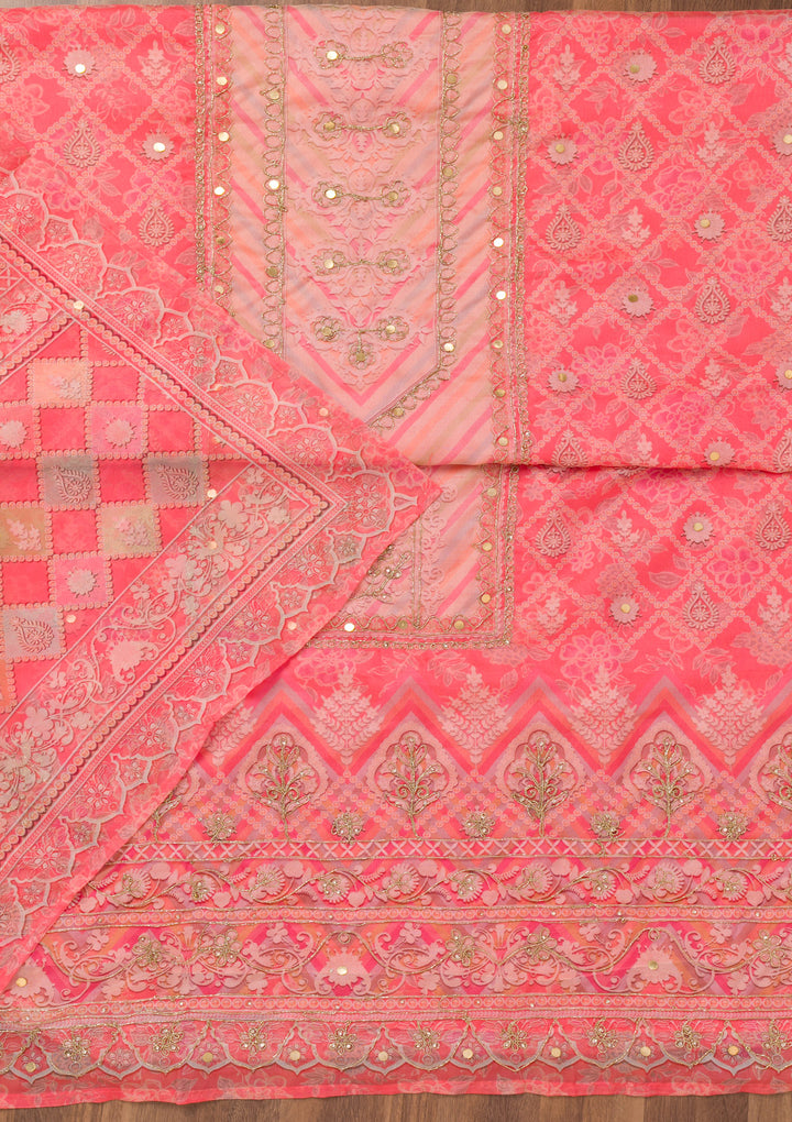Peach Printed Chanderi Unstitched Salwar Suit