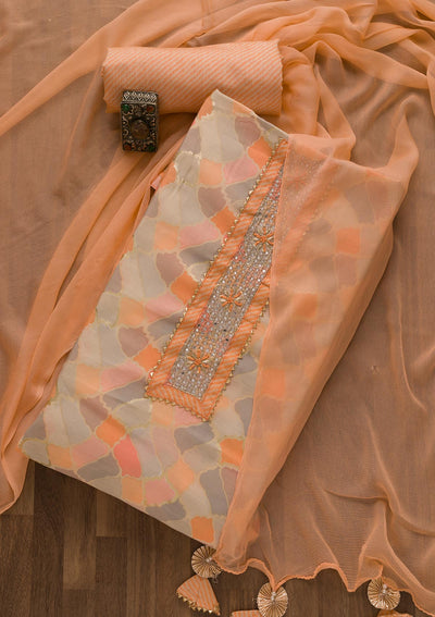 Peach Printed Cotton Unstitched Salwar Suit-Koskii
