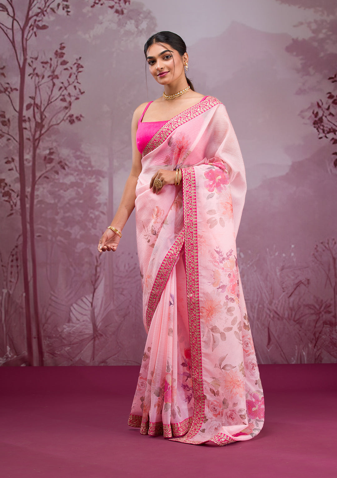 Peach Printed Georgette Saree
