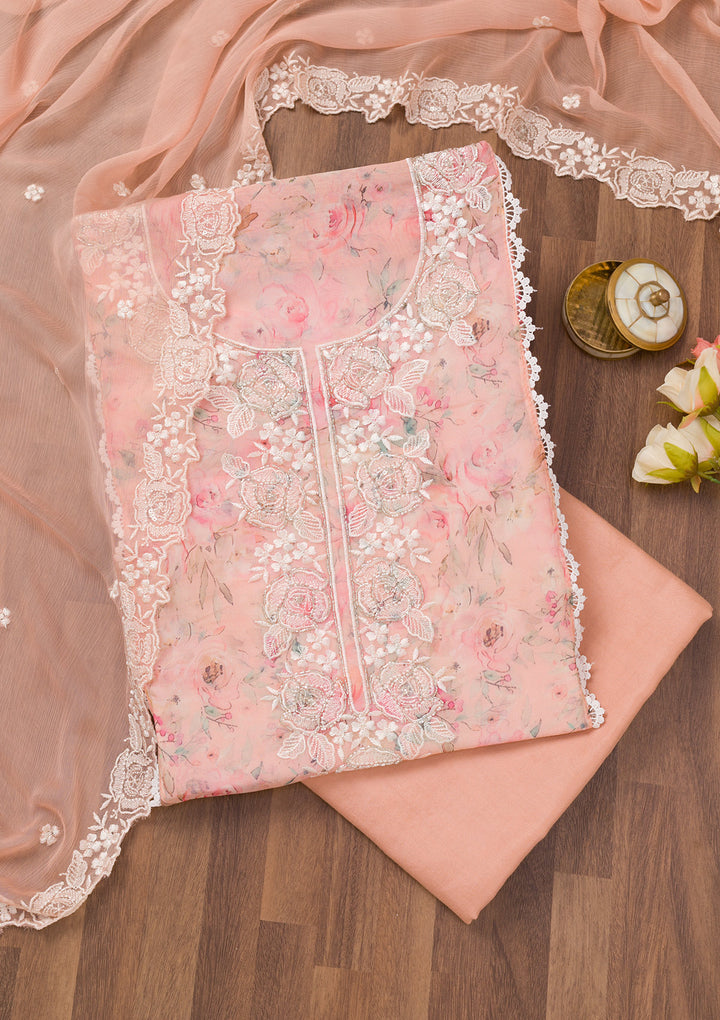 Peach Printed Organza Unstitched Salwar Suit
