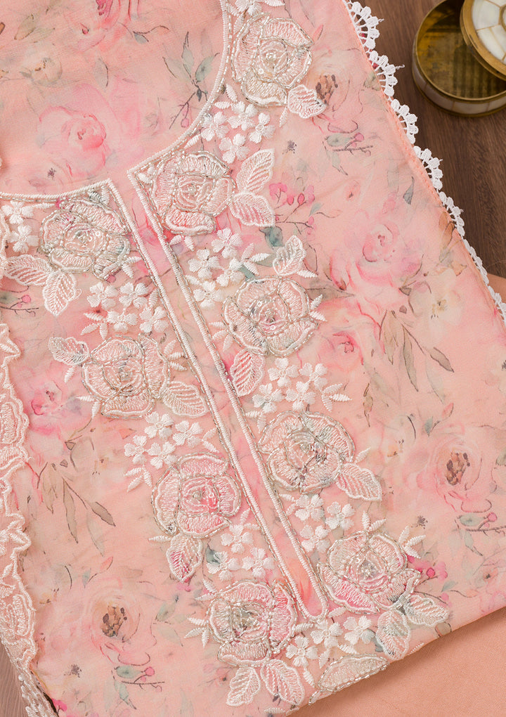Peach Printed Organza Unstitched Salwar Suit