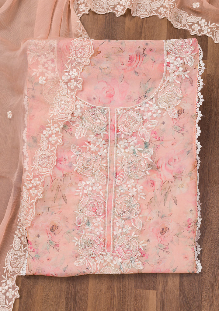 Peach Printed Organza Unstitched Salwar Suit