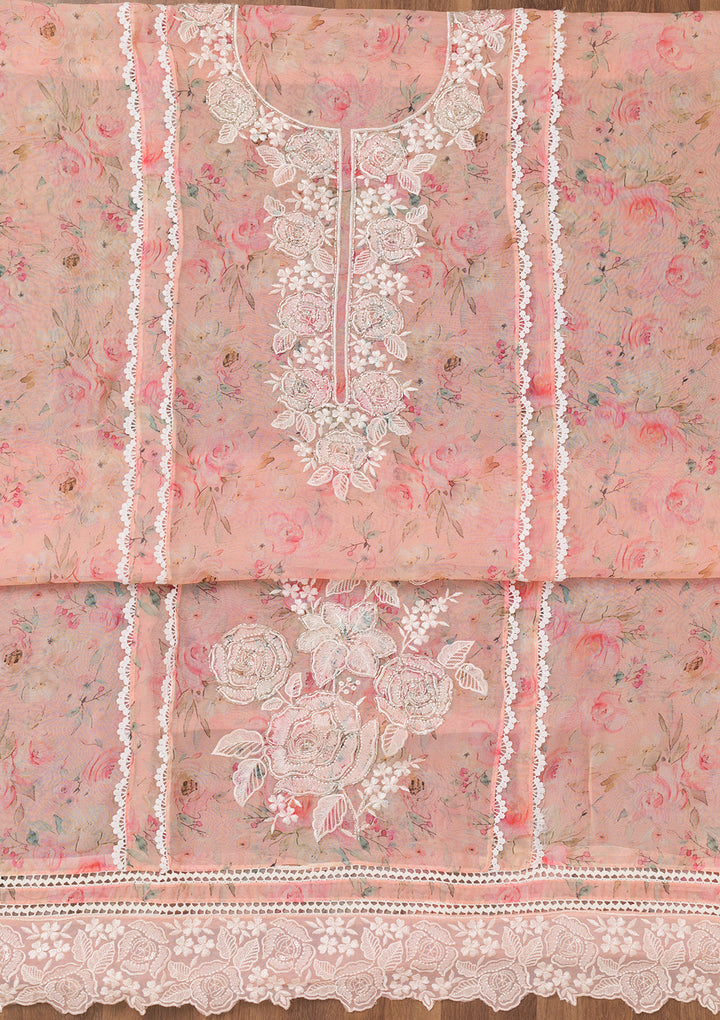 Peach Printed Organza Unstitched Salwar Suit