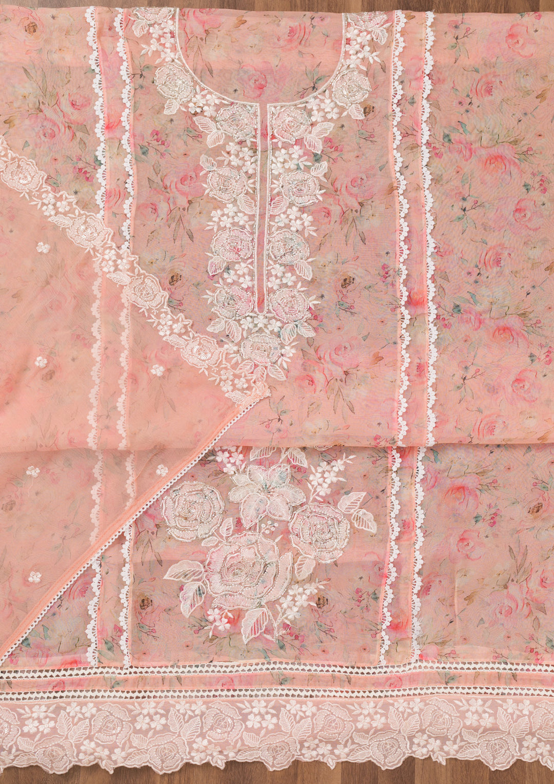 Peach Printed Organza Unstitched Salwar Suit