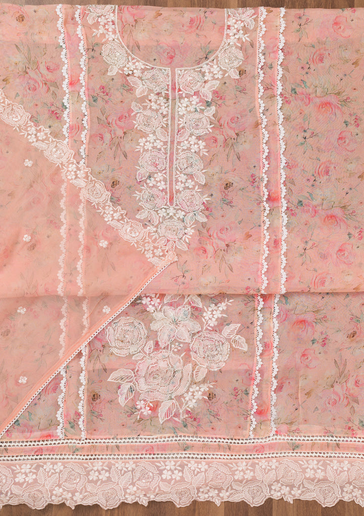 Peach Printed Organza Unstitched Salwar Suit