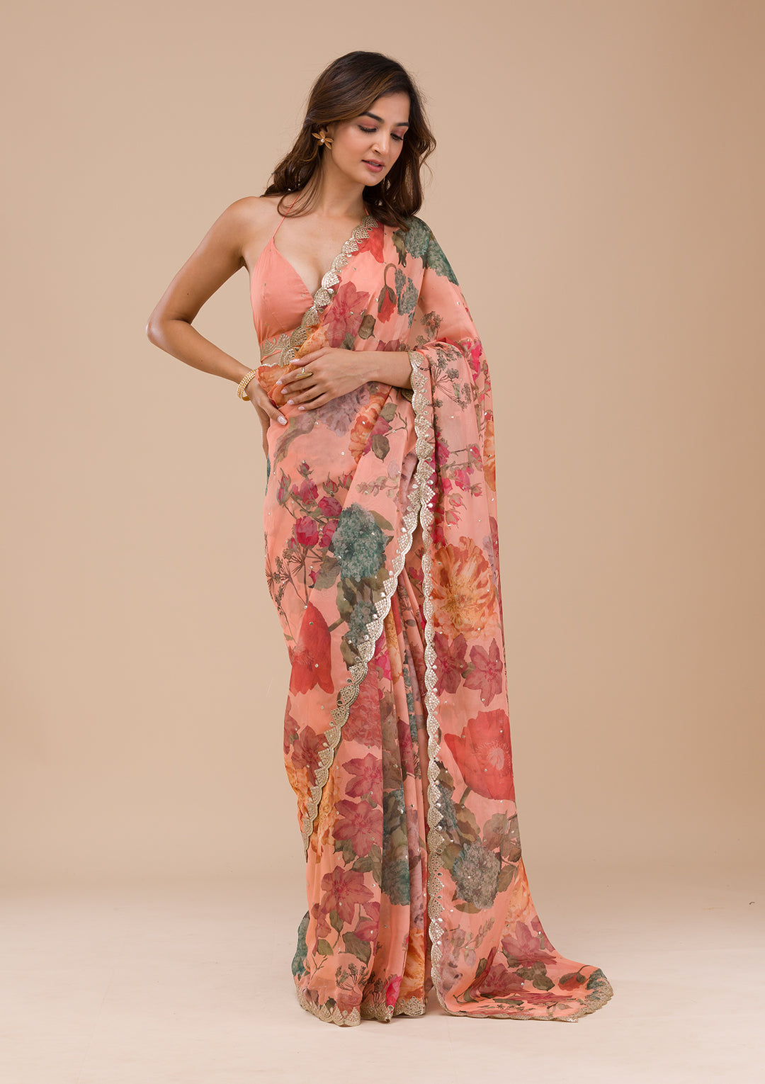 Peach Printed Organza Saree