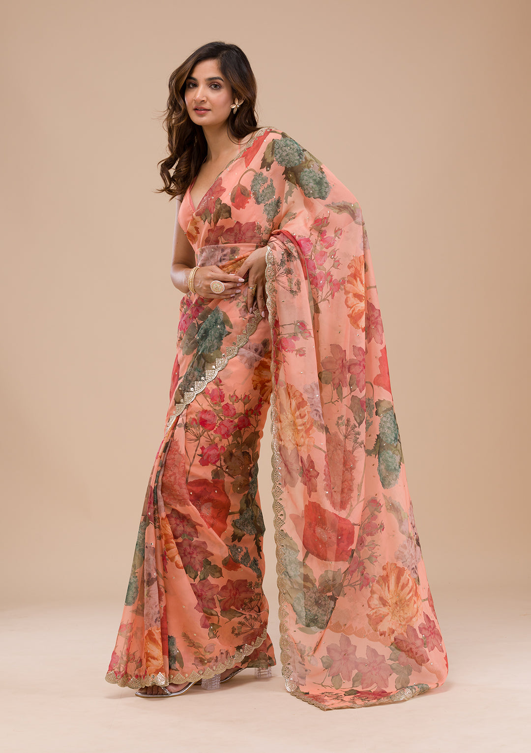 Peach Printed Organza Saree