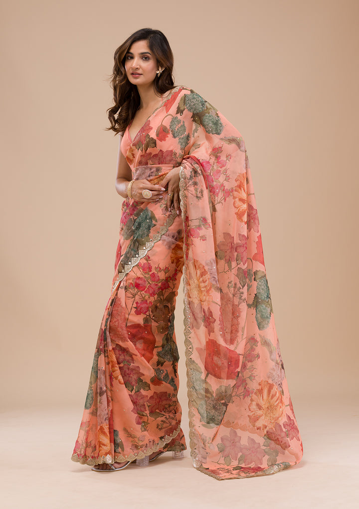 Peach Printed Organza Saree