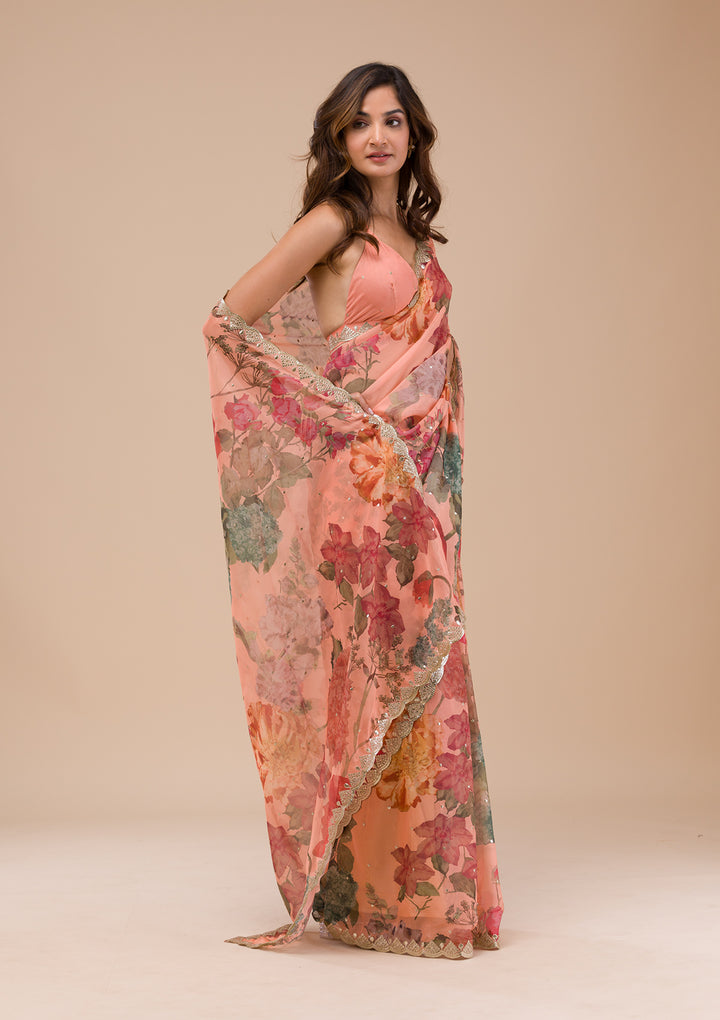 Peach Printed Organza Saree