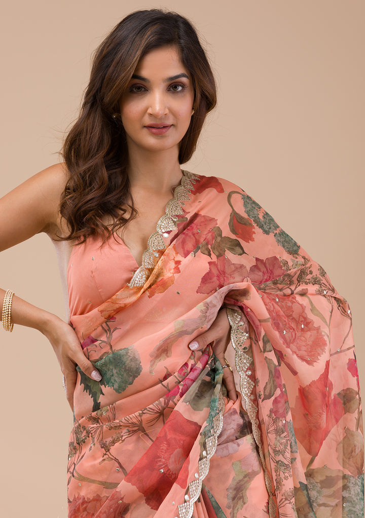 Peach Printed Organza Saree