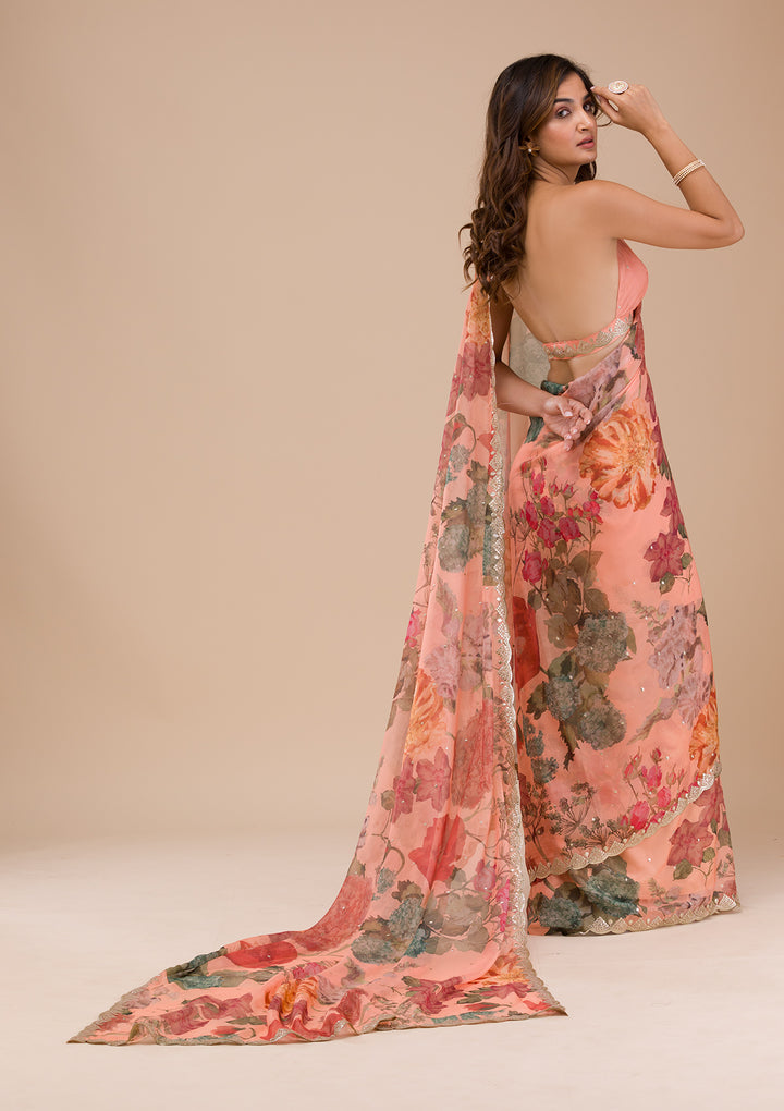 Peach Printed Organza Saree