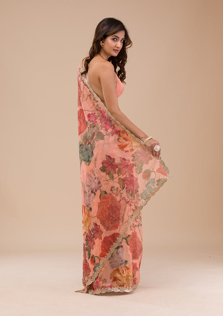 Peach Printed Organza Saree