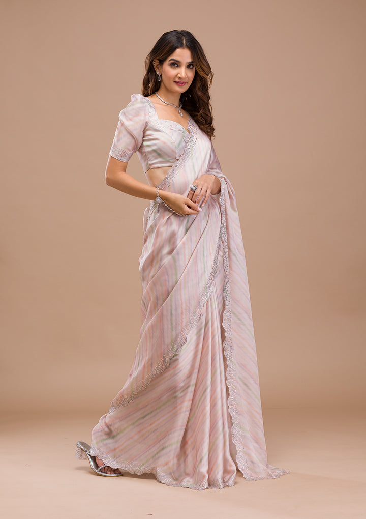 Peach Printed Satin Saree