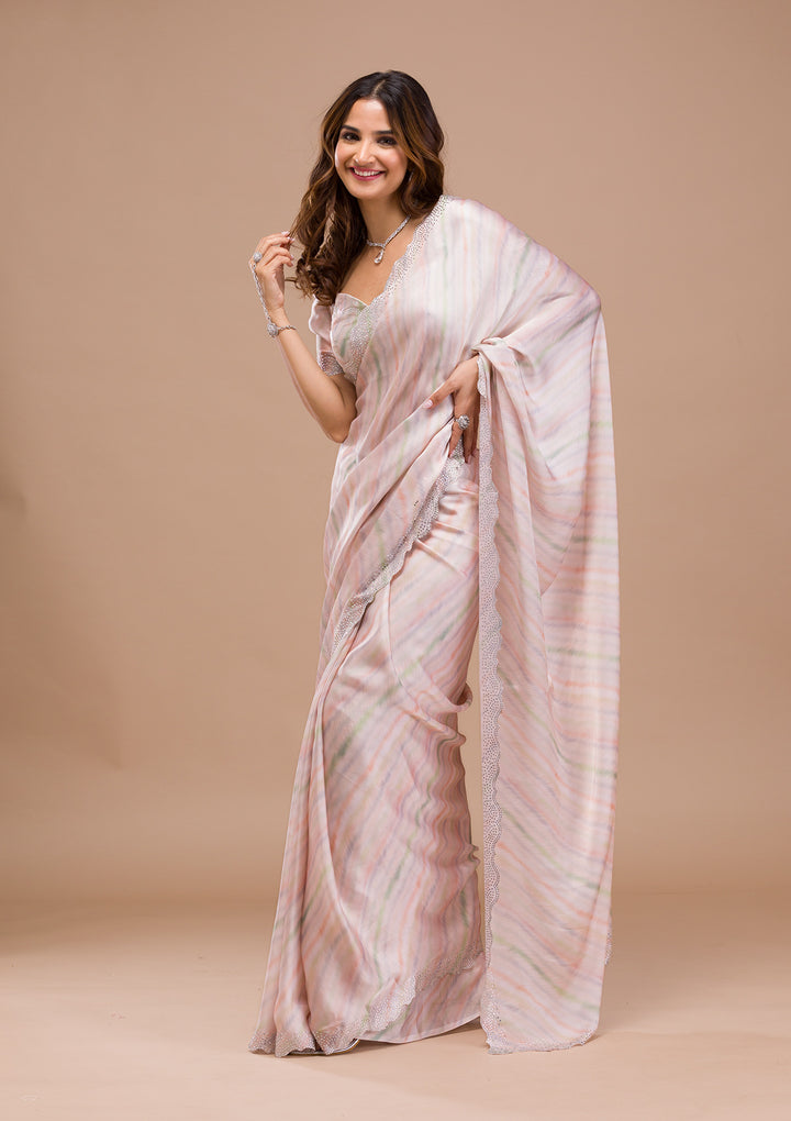 Peach Printed Satin Saree