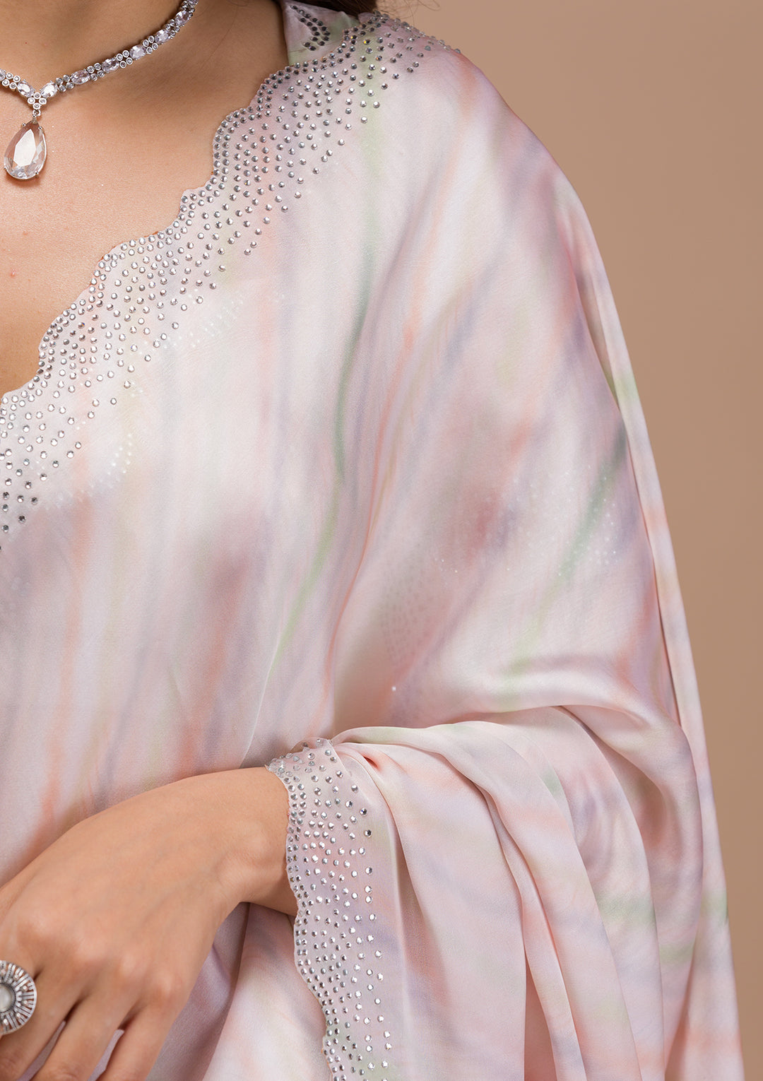Peach Printed Satin Saree