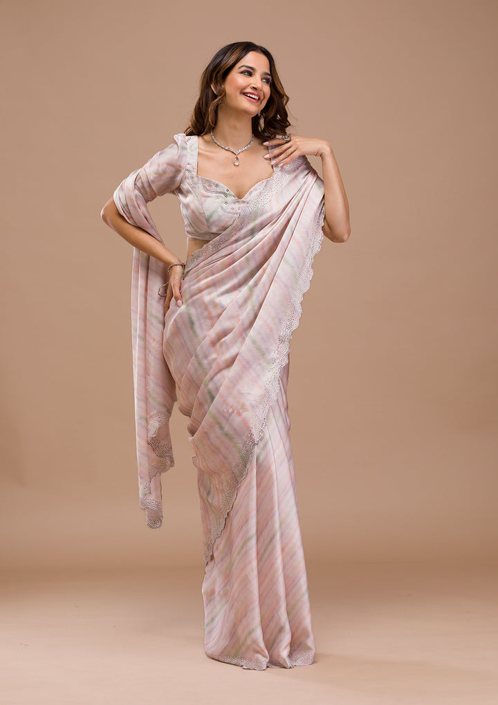 Peach Printed Satin Saree