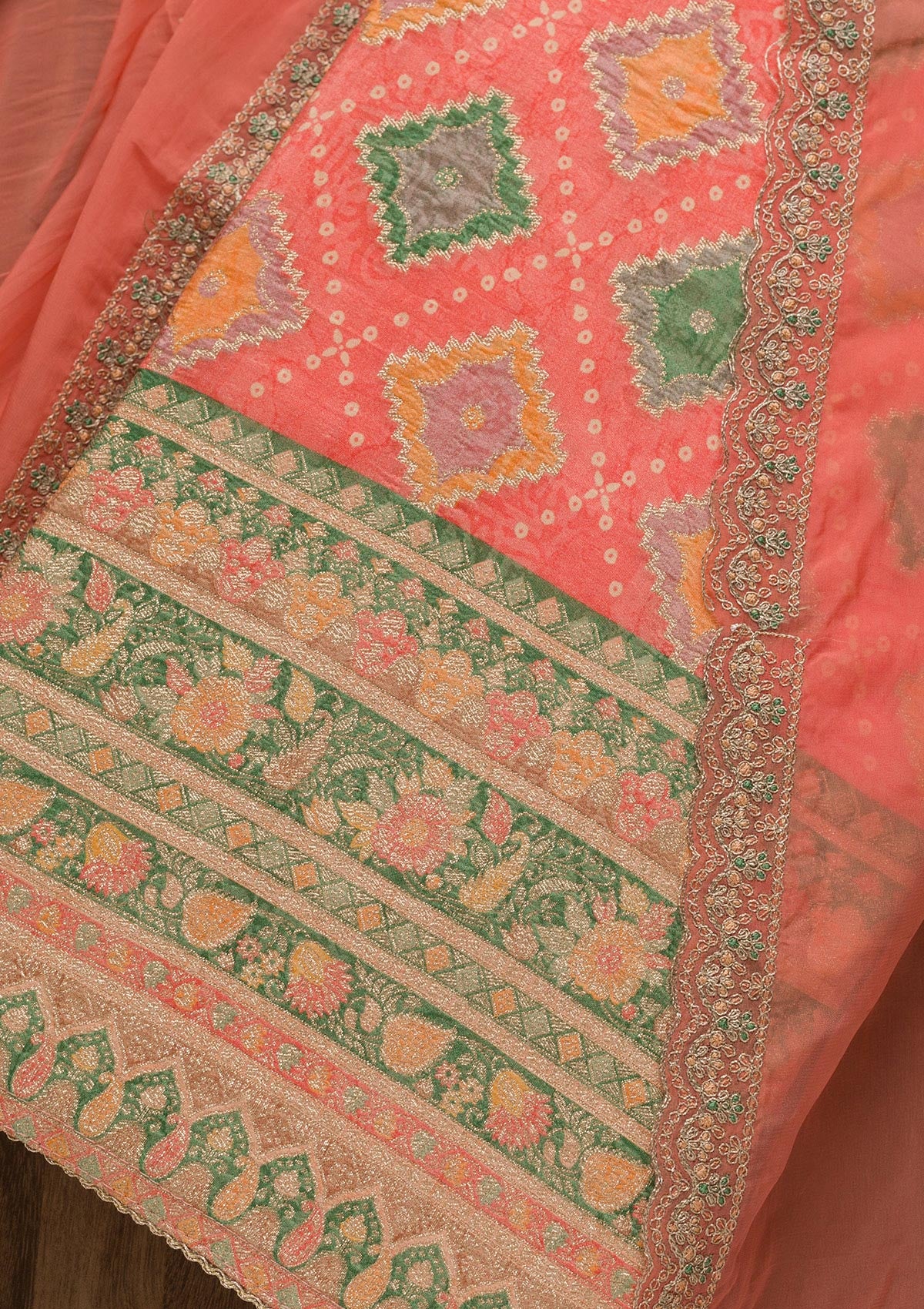 Peach Printed Semi Crepe Unstitched Salwar Suit