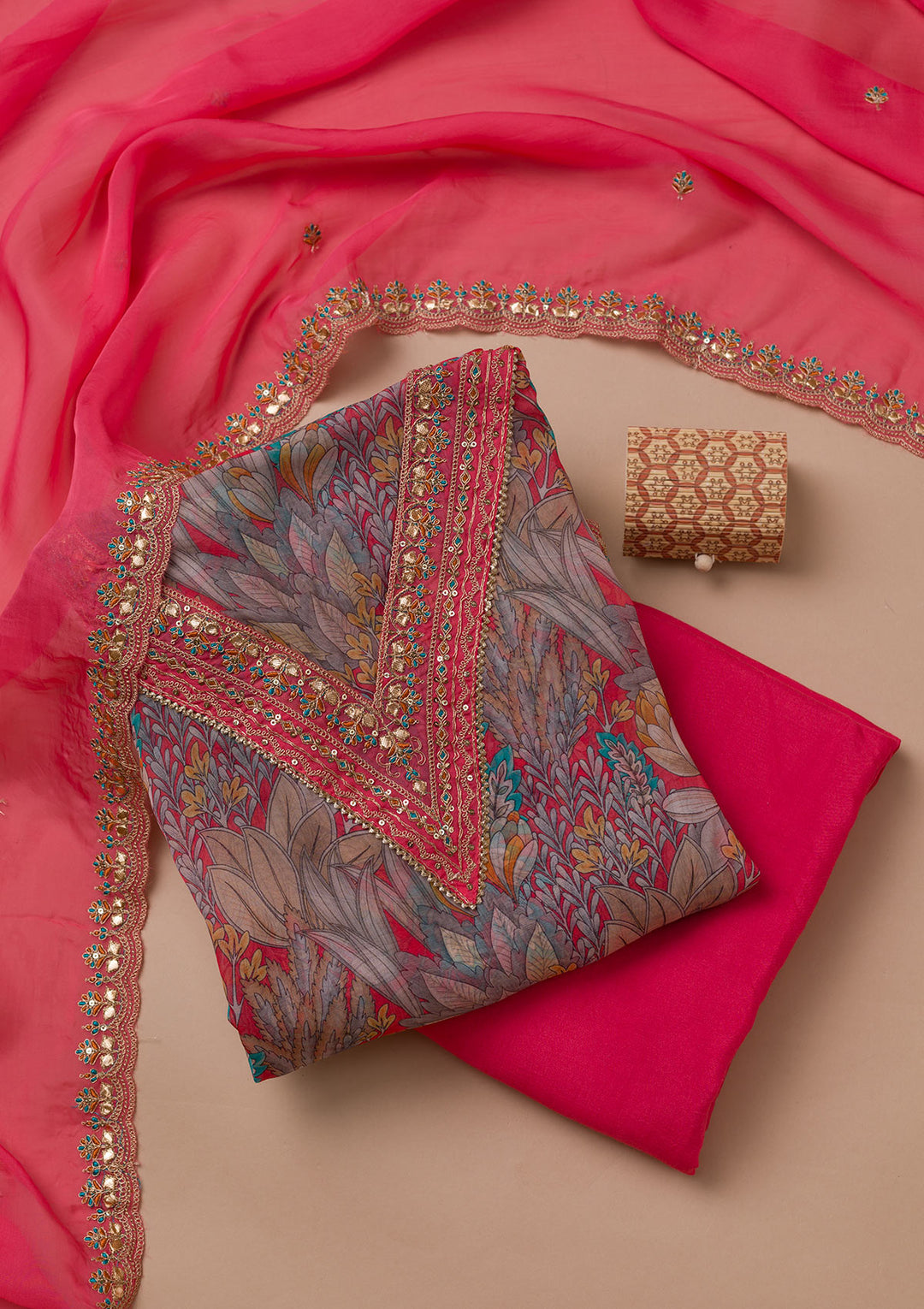 Peach Printed Organza Unstitched Salwar Suit