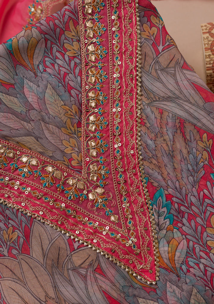 Peach Printed Organza Unstitched Salwar Suit