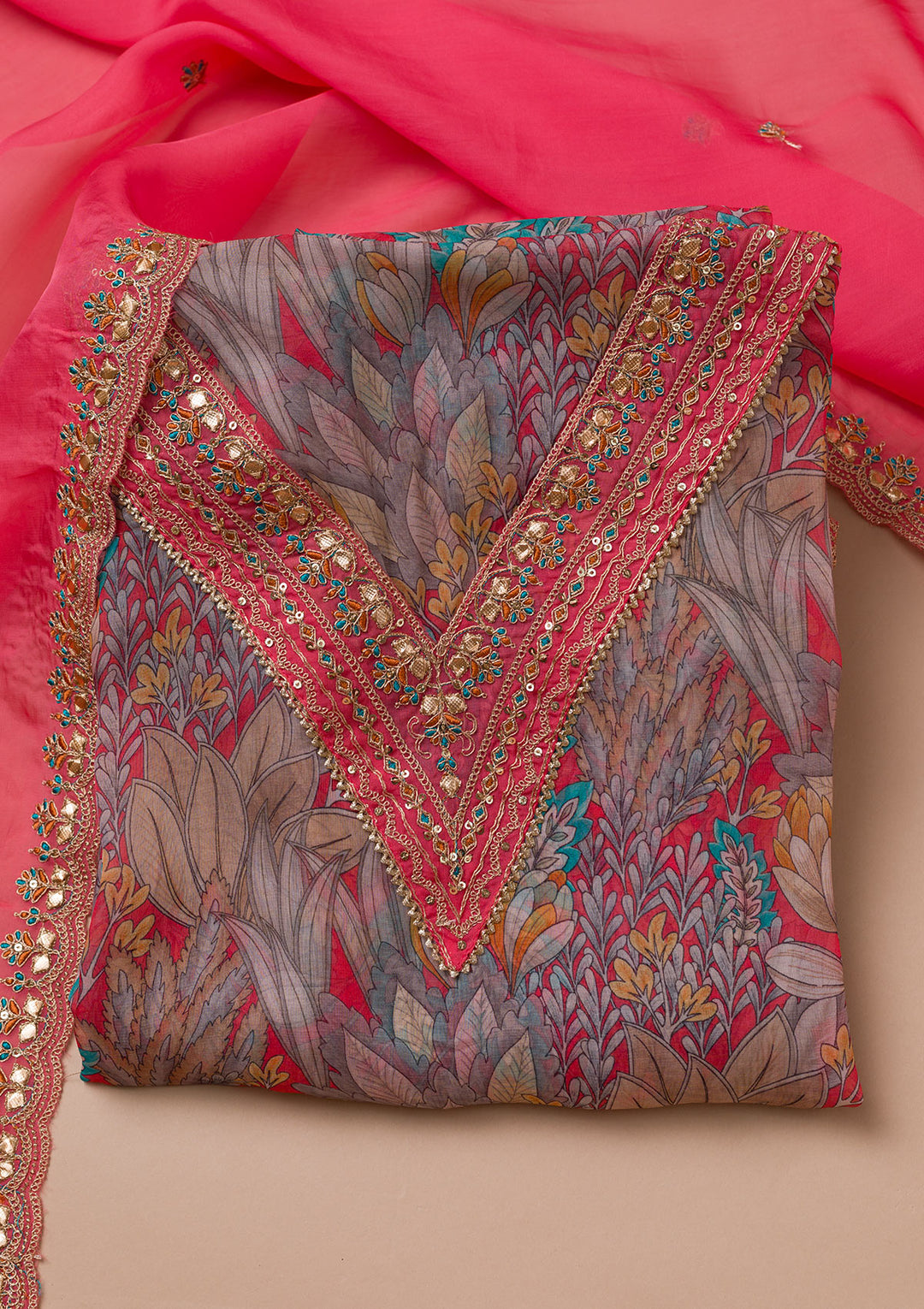 Peach Printed Organza Unstitched Salwar Suit