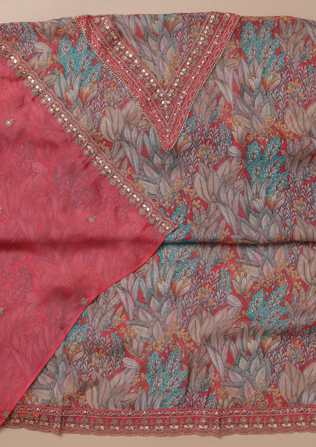 Peach Printed Organza Unstitched Salwar Suit