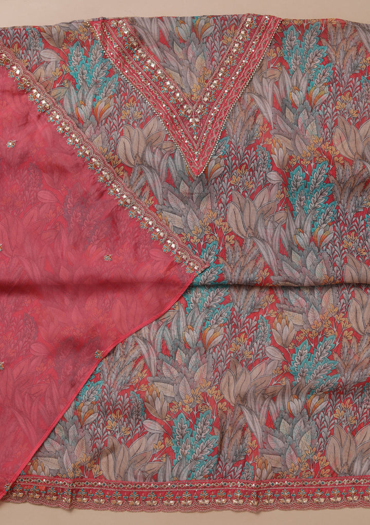 Peach Printed Organza Unstitched Salwar Suit
