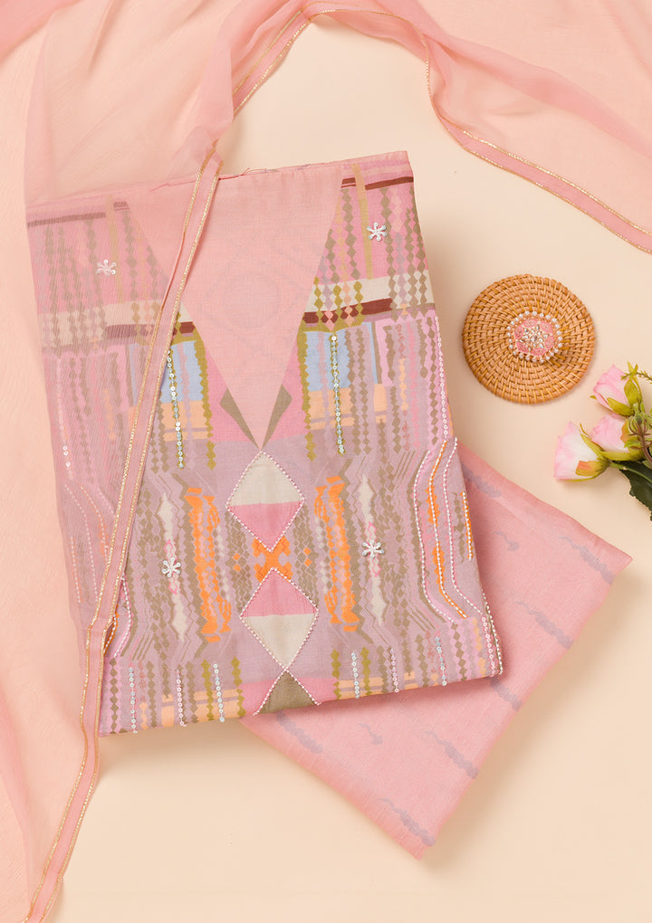 Peach Printed Semi Crepe Unstitched Salwar Suit